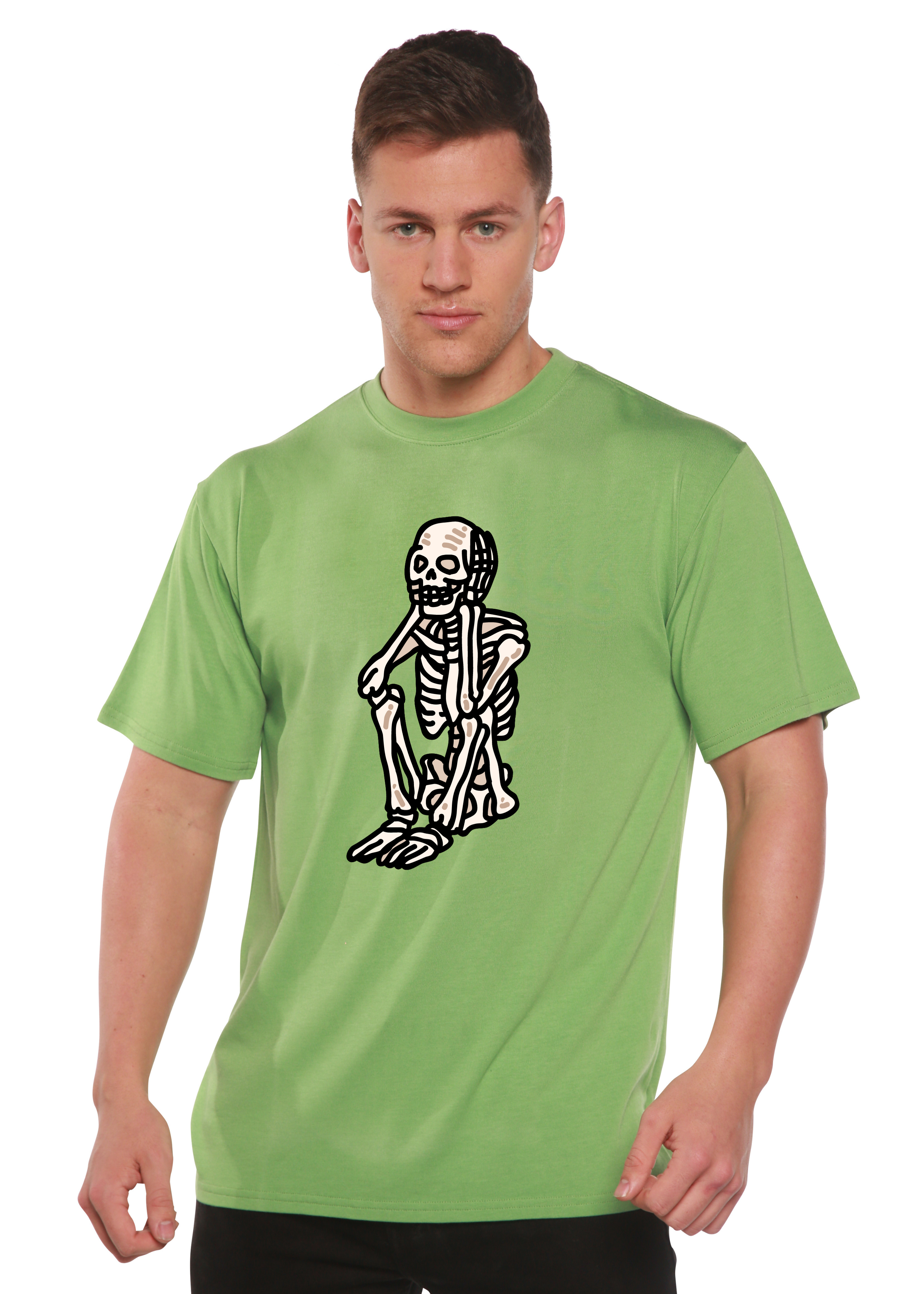T-shirt graphique unisexe squelette triste Halloween en bambou viscose/coton biologique à manches courtes