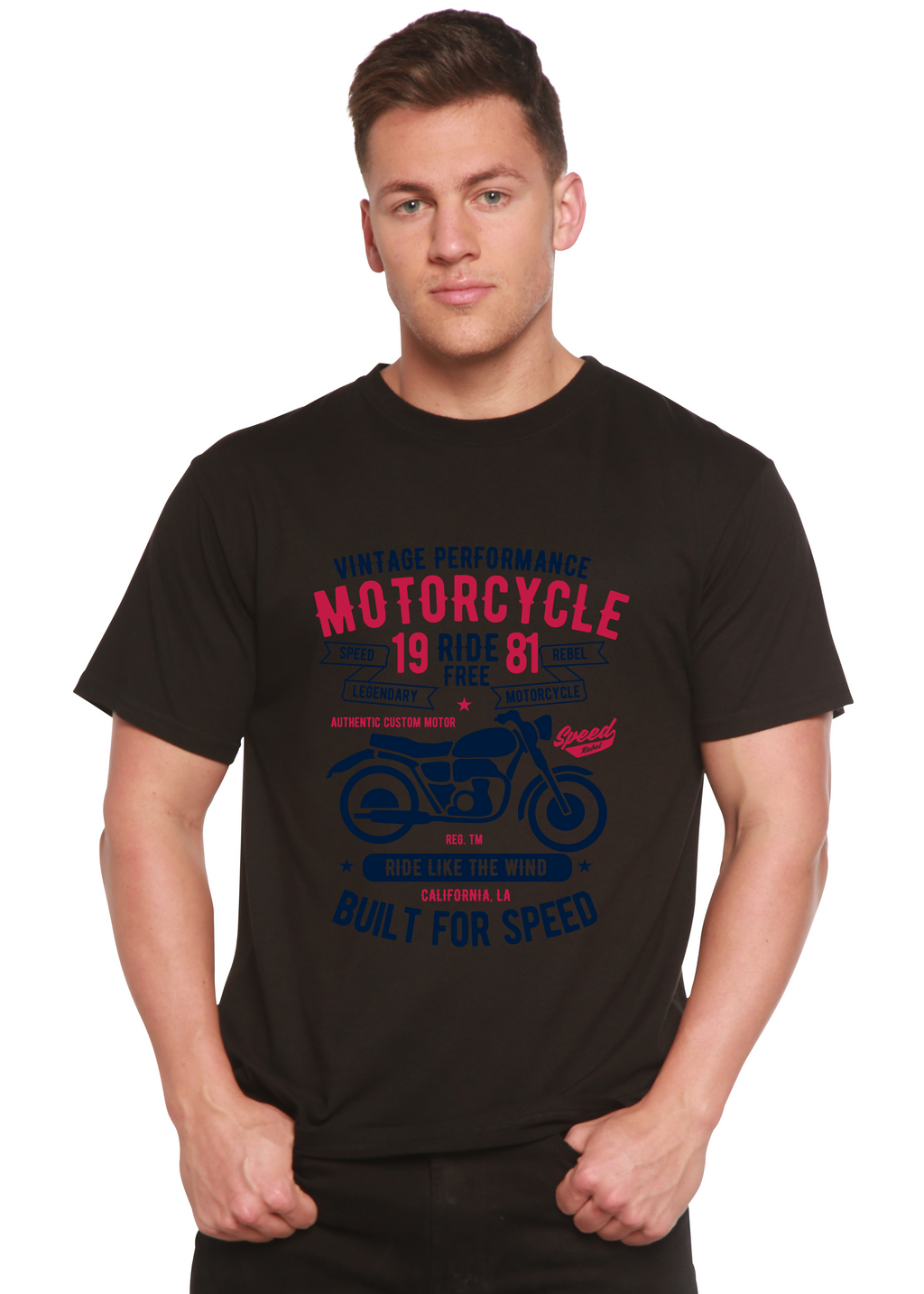 T-shirt graphique à manches courtes pour hommes en bambou/coton biologique "Motorcycle Ride Free"