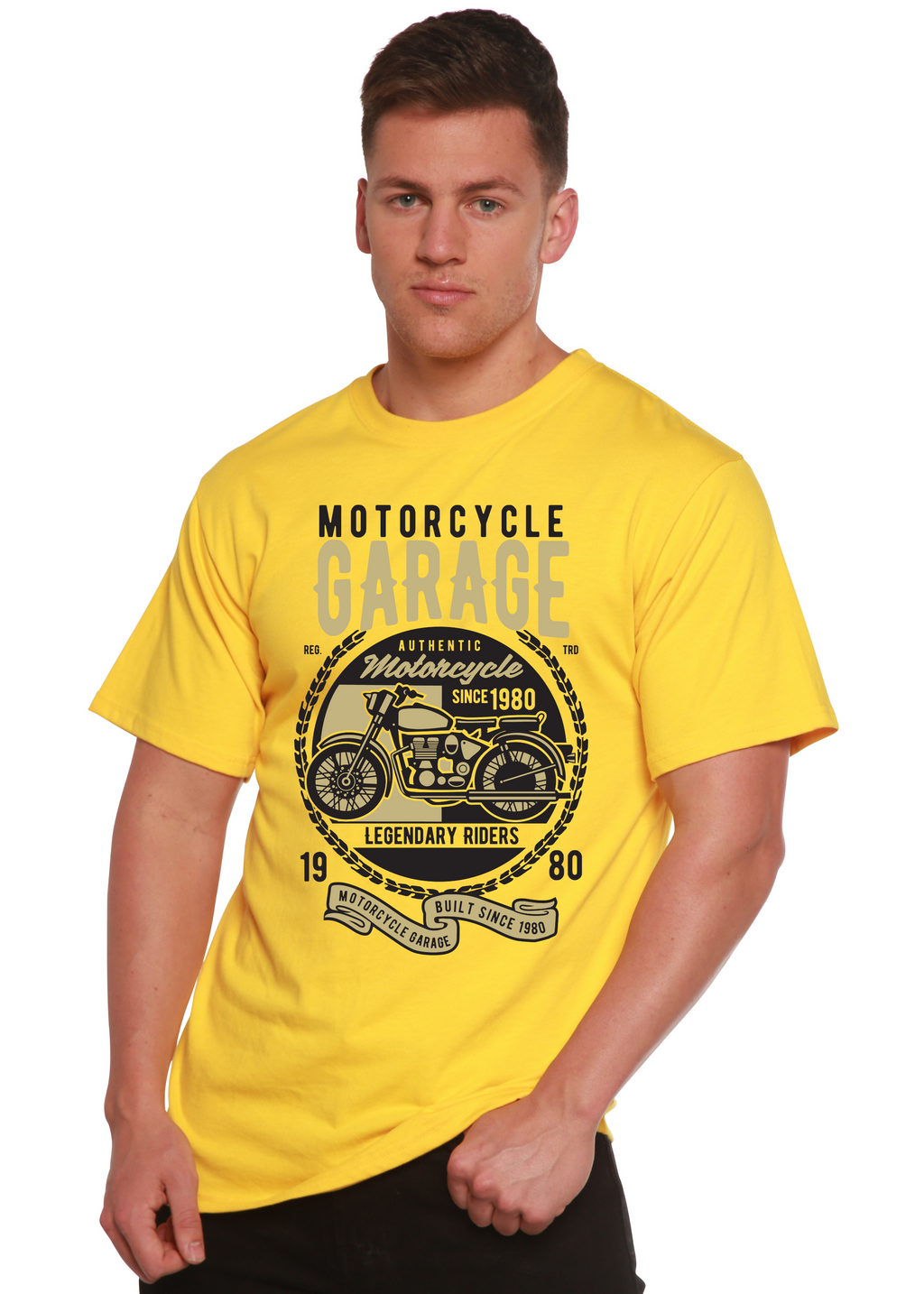 T-shirt graphique à manches courtes pour homme, en bambou, viscose et coton biologique, motif garage moto
