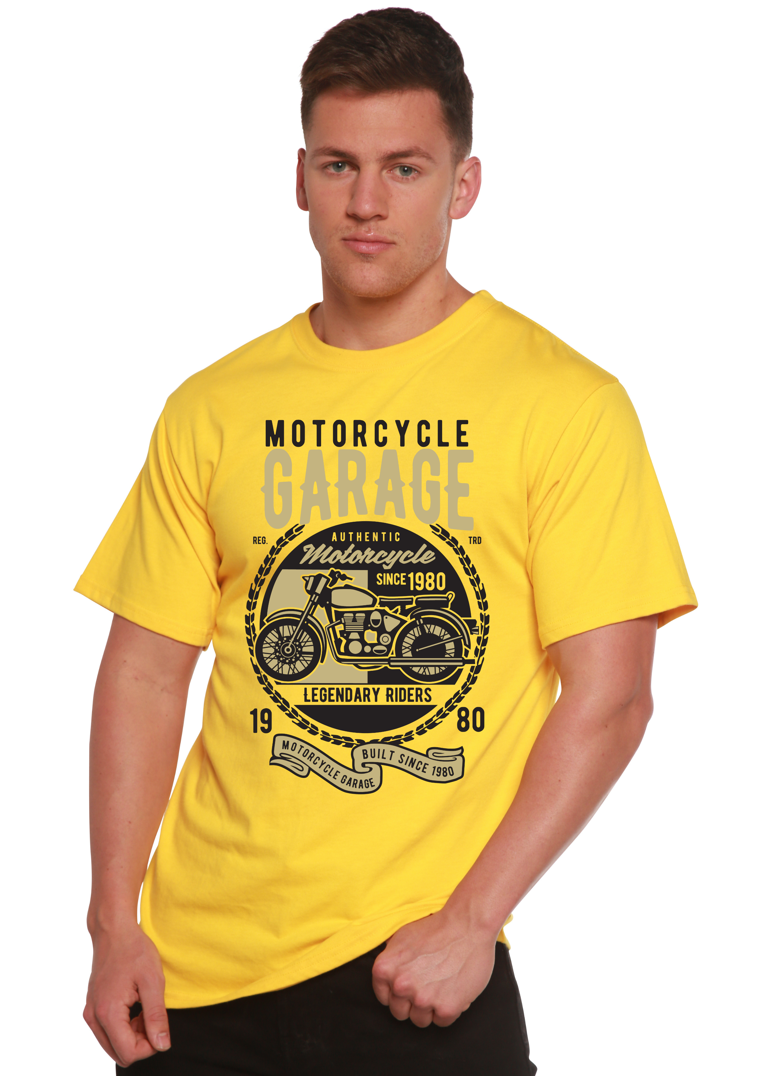 T-shirt graphique à manches courtes pour homme, en bambou, viscose et coton biologique, motif garage moto