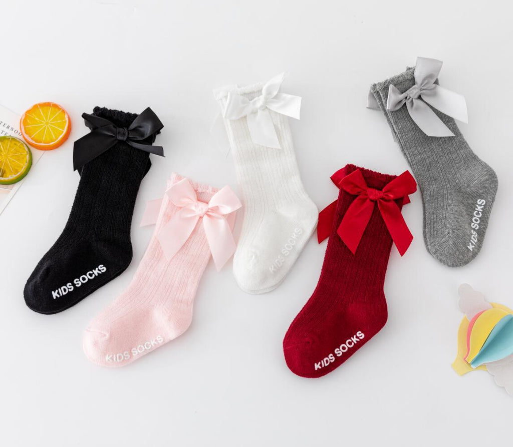 Nouvelles chaussettes extensibles pour enfants, tout-petons, filles, avec grand nœud, hauteur genou, longues, en coton doux, en dentelle, confortables, colorées