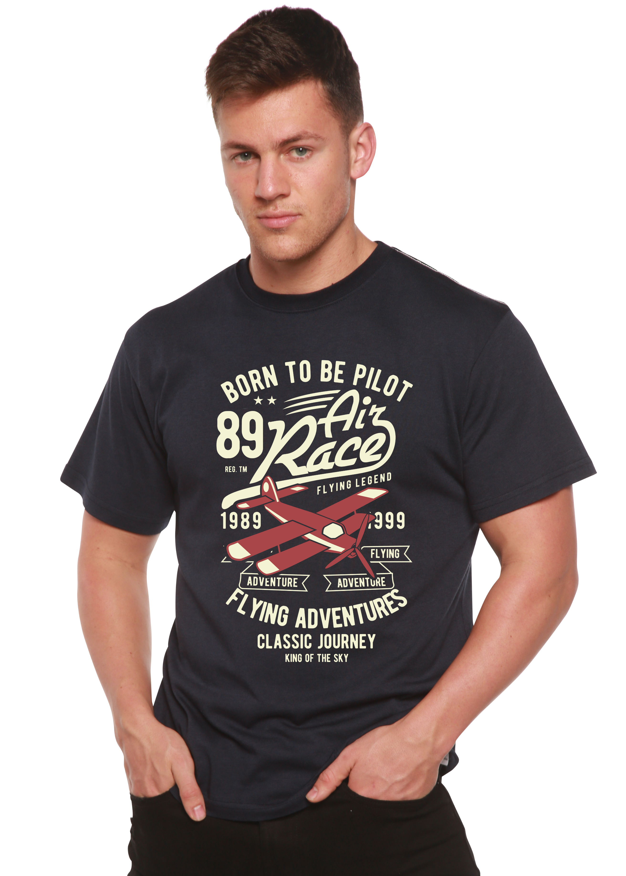T-shirt graphique à manches courtes pour homme en viscose de bambou/coton biologique motif "Born To Be Pilot"