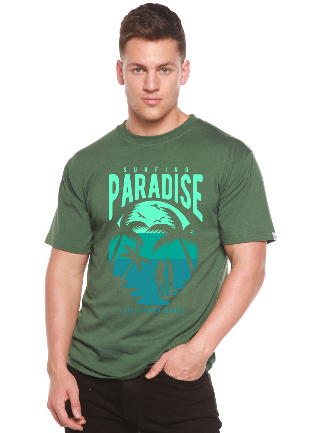 T-shirt graphique à manches courtes pour homme en viscose de bambou/coton bio Surfing Paradise California Spun Bamboo®