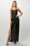 Robe longue noire en dentelle avec fente à l'avant Élégante - Femstylo
