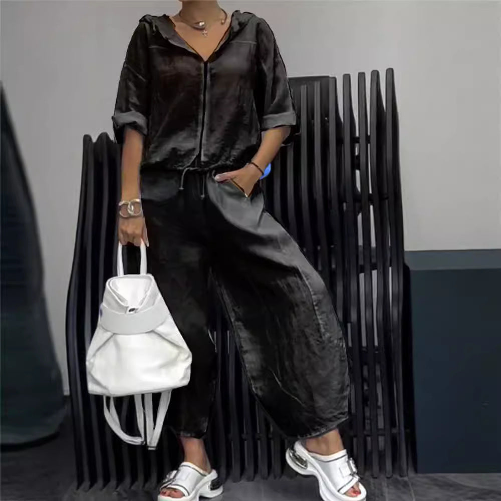 Ensemble haut et pantalon femme en coton et lin à manches longues
