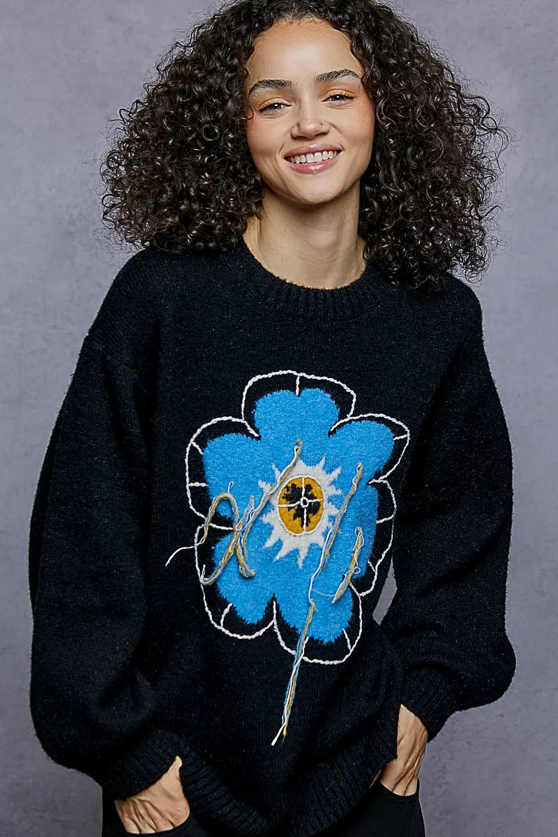 Pull POL à motif floral, col rond, avec surpiqûres apparentes