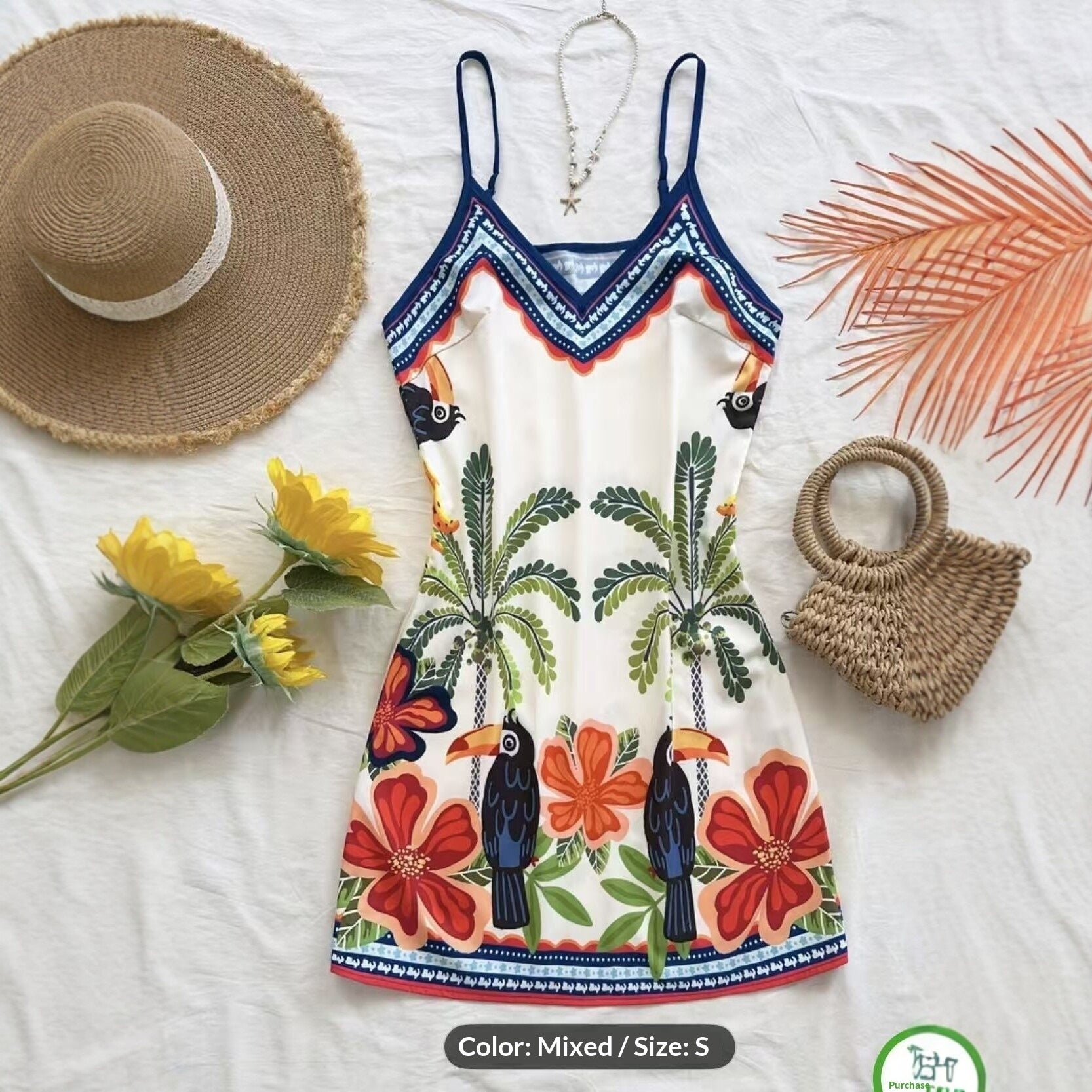Robe nuisette à col en V imprimé tropical de styles européen et américain