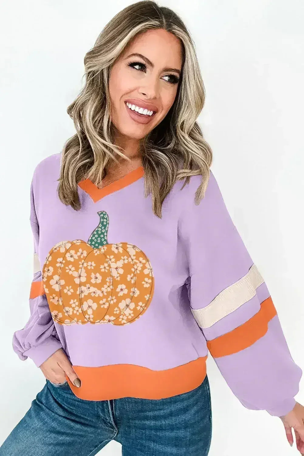 Sweat-shirt manches color block motif citrouille florale bouquet orchidée