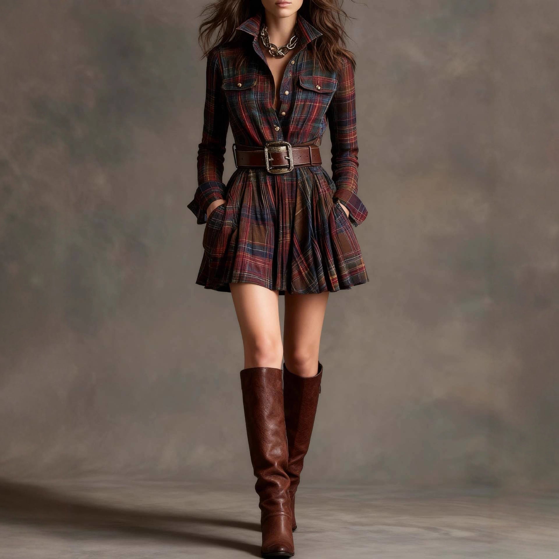 Robe mini élégante à manches longues à carreaux pour femme | Ceinturée
