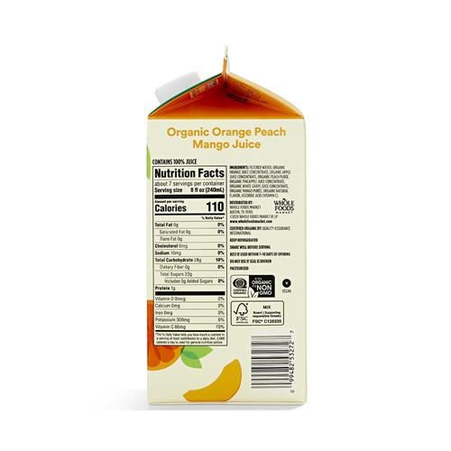 Whole Foods Market, Jus d'orange, pêche et mangue biologiques, 52 oz liq.