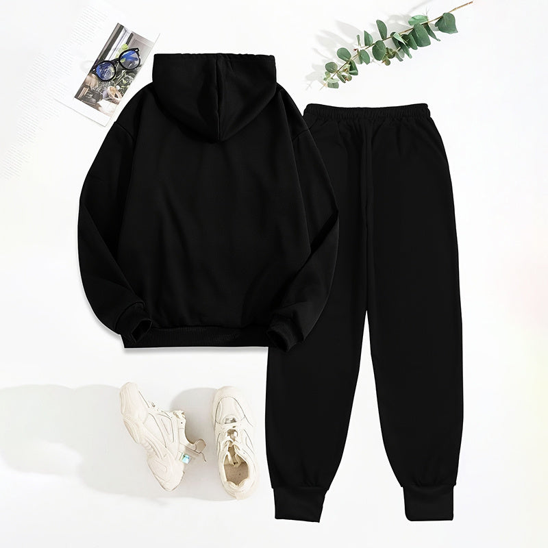 Ensemble 2 pièces uni pour femme, sweat à capuche avec imprimé lettre et poche