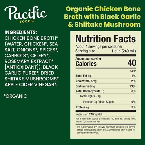 Bouillon d'os de poulet biologique au jus d'ail noir et aux champignons Shiitake Pacific Foods, carton de 946 ml