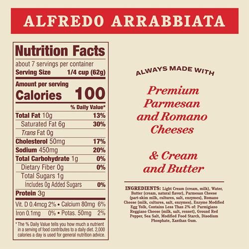 Sauce Alfredo Arrabbiata fait maison Rao's, 425 g, Sauce pour pâtes, Mélange de parmesan et de romano de qualité supérieure, Riche et crémeuse avec une touche piquante