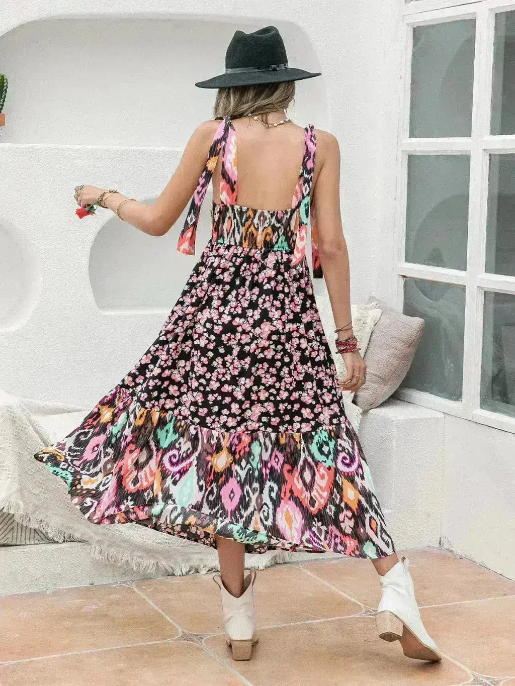 Robe Midi Imprimée Plongée | Sans Manches Taille Nouée | Polyester
