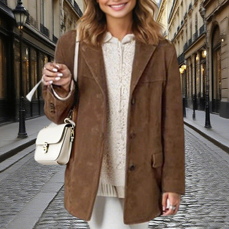 Veste Blazer Effet Daim — Revers Crantés, Manteau Décontracté Boutonné