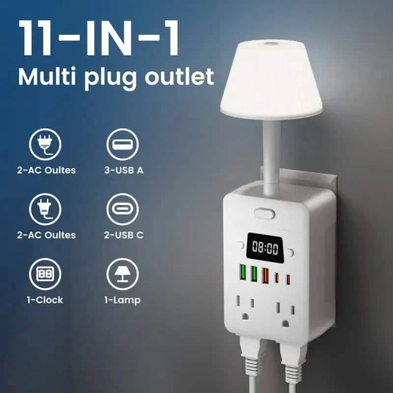 Multiprise multifonction 11-en-1 avec lampe de bureau, horloge, ports USB et protection contre les surtensions