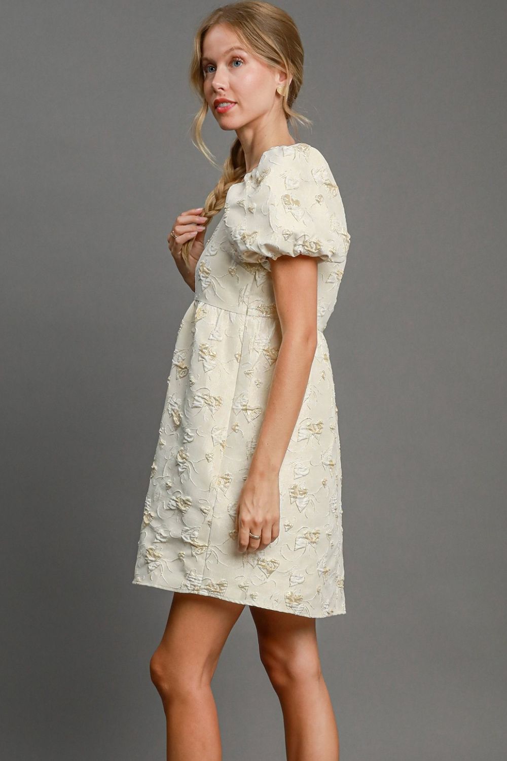 Mini-robe jacquard à col carré et manches bouffantes – Robe romantique jacquard cœur, Robe à manches bouffantes, Mini-robe à col carré, Robe chic pour un rendez-vous galant, Robe élégante à manches bouffantes