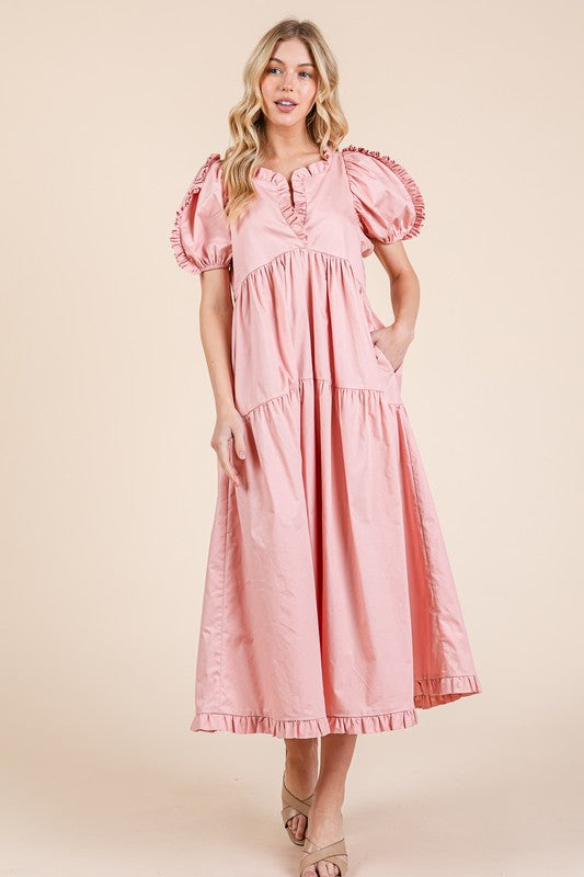 Robe mi-longue babydoll étagée à manches bouffantes et volants – Robe mi-longue babydoll légère, adorable, élégante, féminine et tendance avec volants et manches bouffantes
