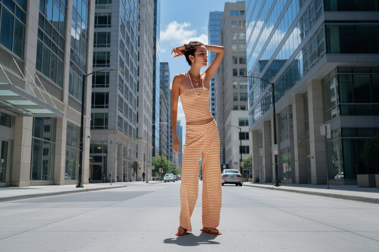 Ensemble Haut Bandeau Rayé et Pantalon Femme – Tenue Assortie 2 Pièces en Modal