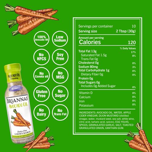 Briannas - Vinaigrette Ranch du jardin sans produits laitiers à l'huile d'avocat - Riche en nutriments, sans sucre, compatible avec le régime céto, faite avec 100 % d'huile d'avocat - Bouteille de 295 ml