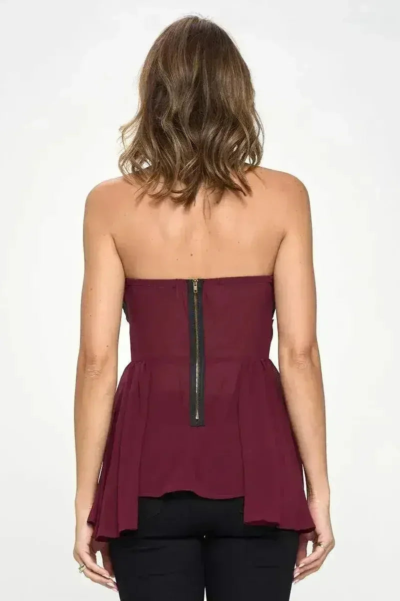 Haut sans bretelles péplum découpé au laser - Haut bustier chic à blocs de couleurs | Femstylo