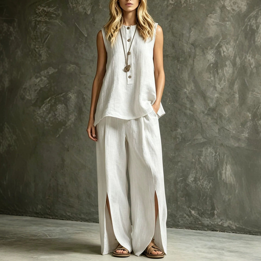 Ensemble deux pièces débardeur sans manches ample et pantalon large fendu pour femme