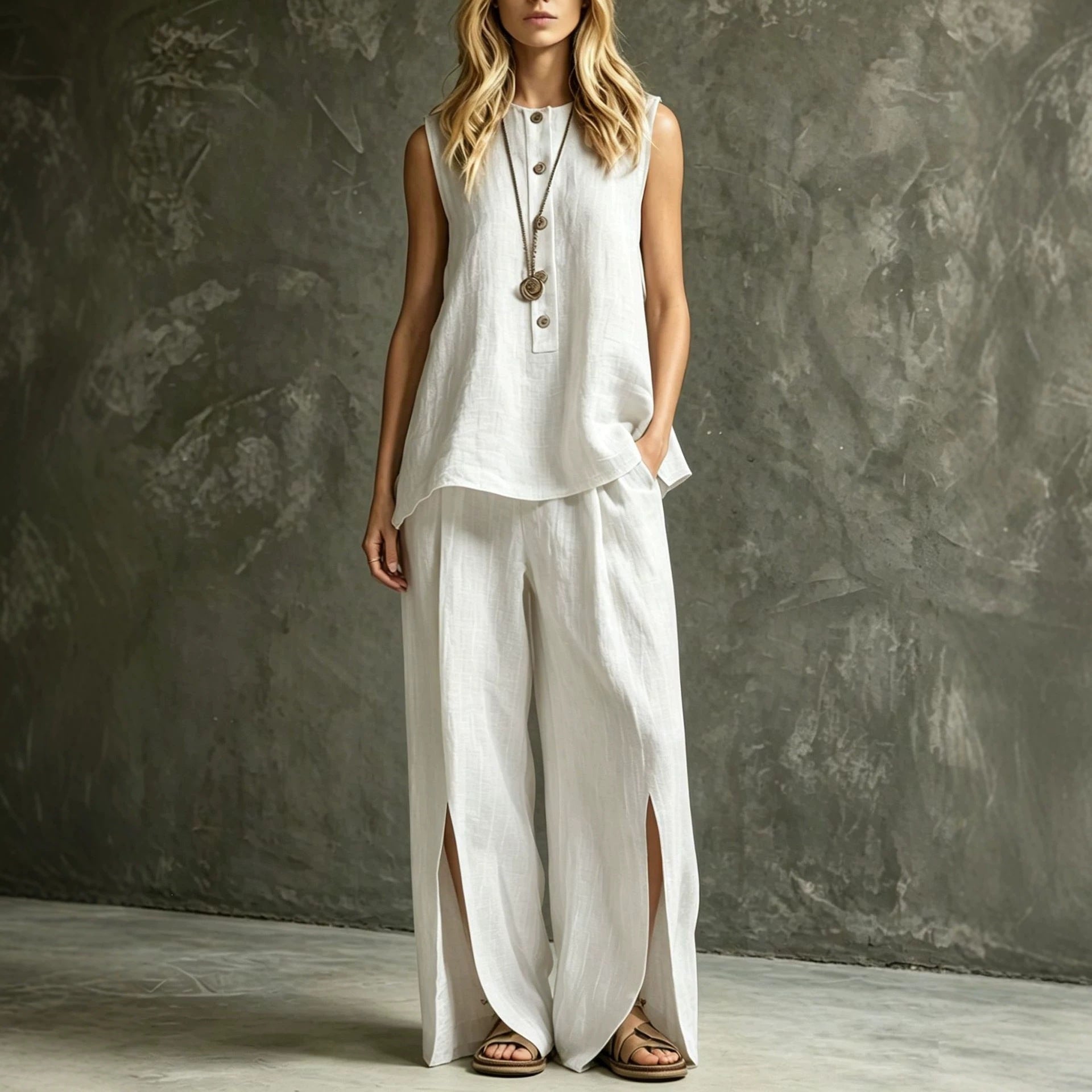 Ensemble deux pièces débardeur sans manches ample et pantalon large fendu pour femme