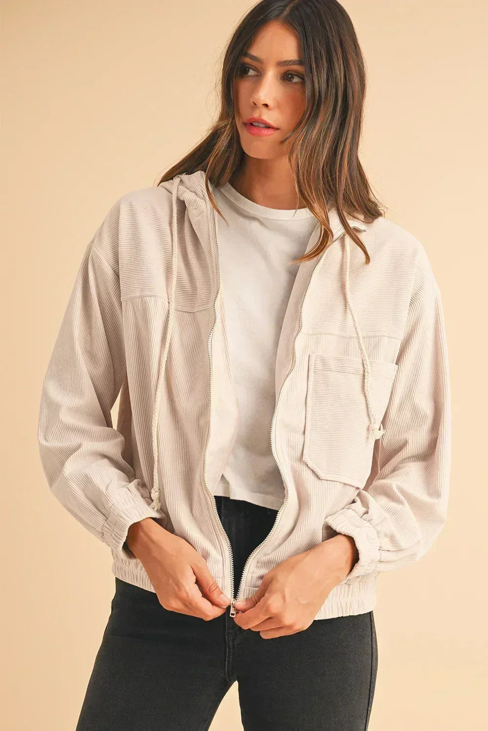 Veste à capuche zippée en velours côtelé bleu sarcelle véritable – Femstylo