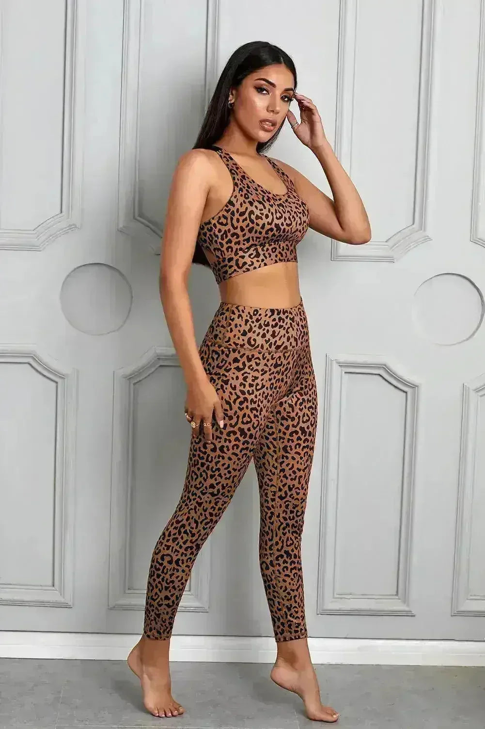 Ensemble Soutien-Gorge et Pantalon de Sport Imprimé Guépard Marron pour Femme
