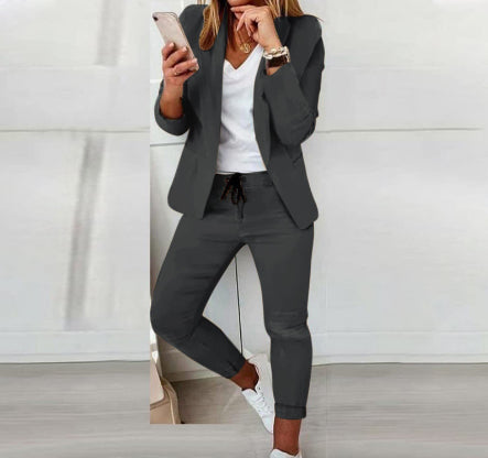Ensemble tailleur femme blazer à revers crantés et pantalon à cordon de serrage