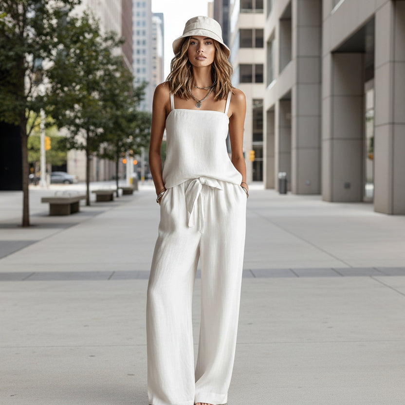 Ensemble deux pièces caraco à fines bretelles et pantalon ample pour femme