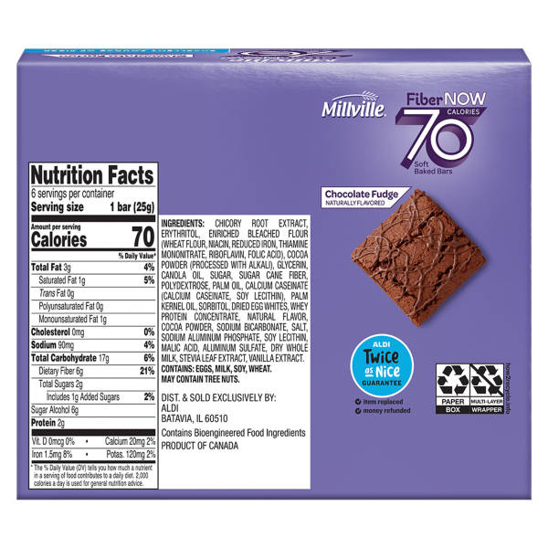Barres saveur caramel au chocolat Millville Fiber Now de 70 calories, 6 unités