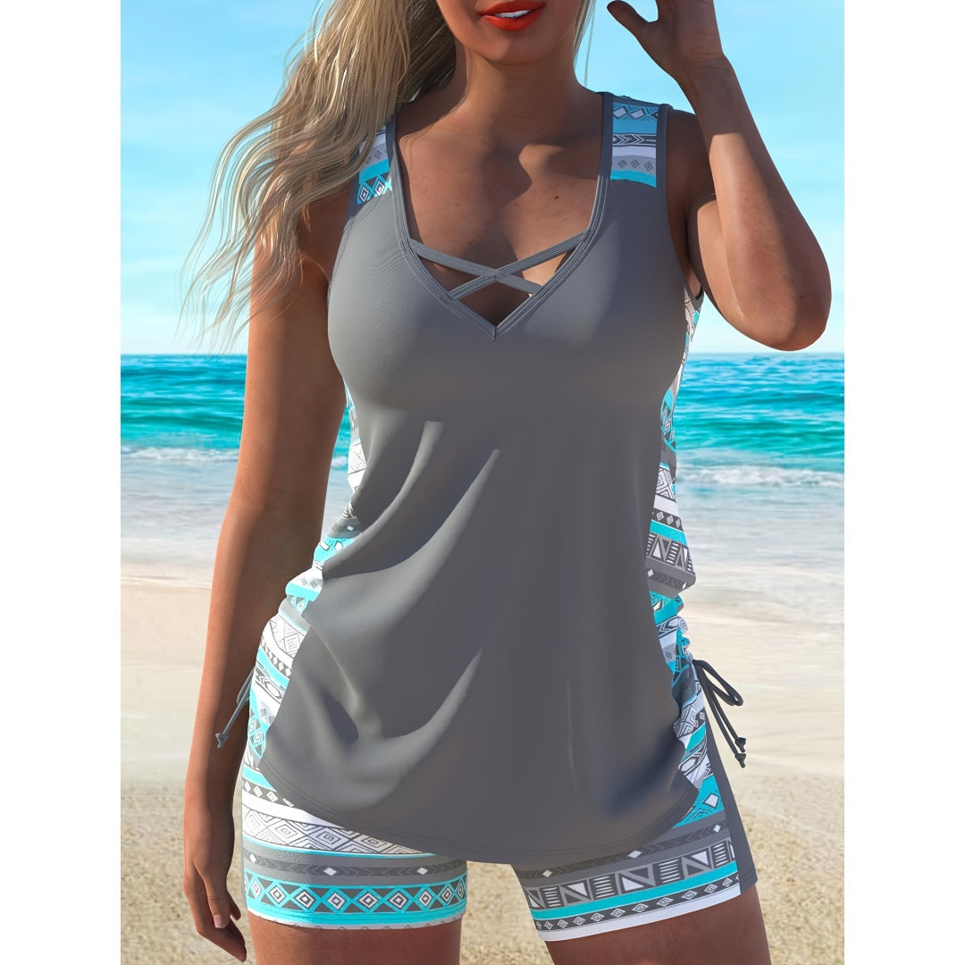 Ensemble tankini grandes tailles à imprimé aztèque – Maillot de bain deux pièces avec haut à col en V et bretelles croisées et short de cyclisme