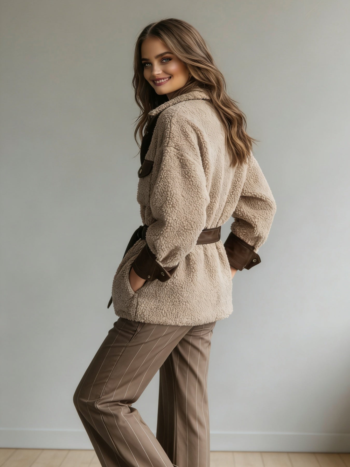 Blouson vintage femme en cuir PU – Doublure en fourrure d'agneau pour l'automne et l'hiver