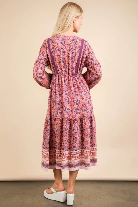 Robe d'été bohème à col en V, manches ballon et imprimé fleuri – Robe bohème à col en V, Robe à manches ballon, Robe à imprimé fleuri, Robe bohème féminine, Robe d'été chic