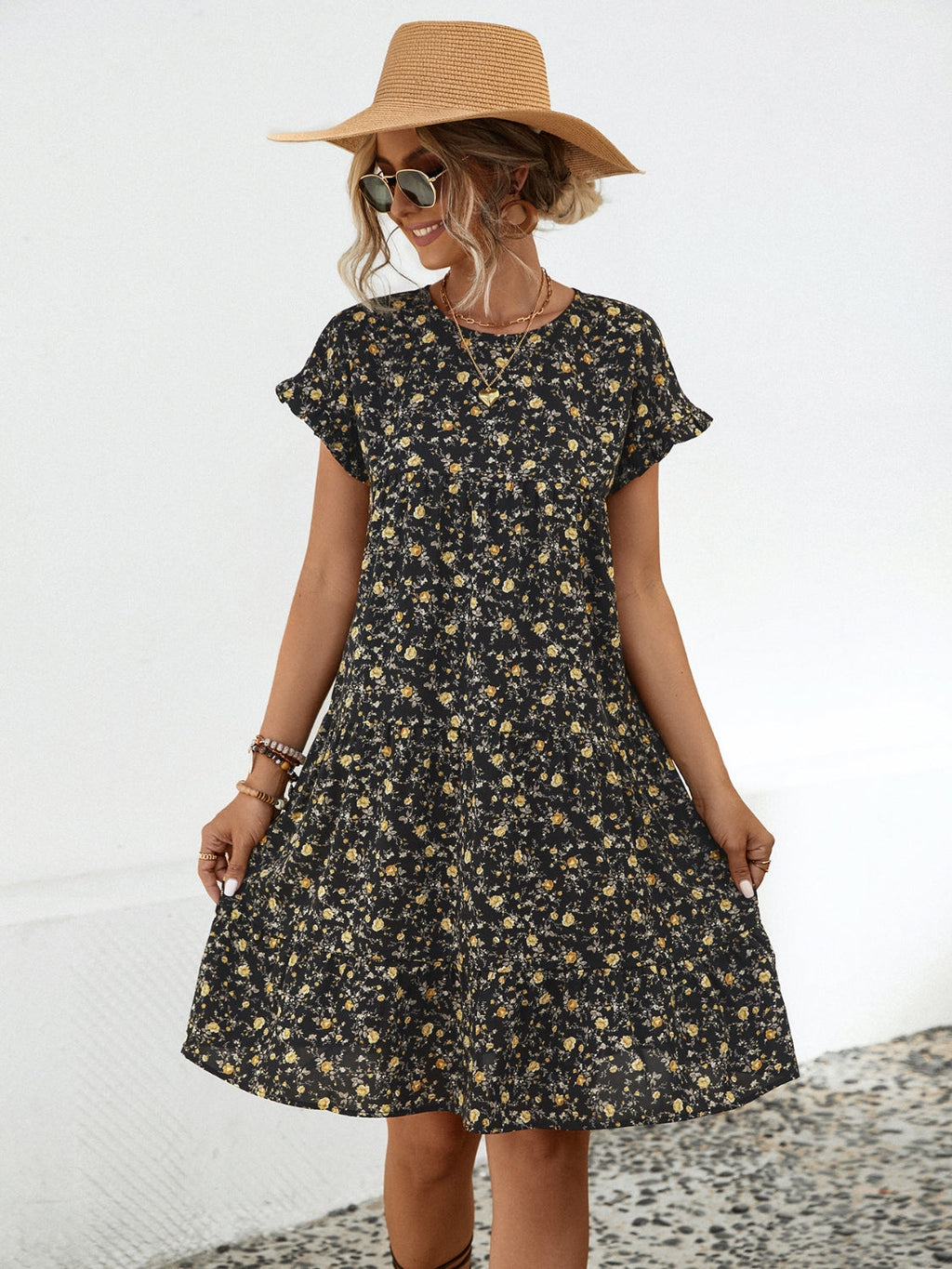 Robe Fleurie Col Rond Manches Courtes Élégante et Décontractée pour Tous les Jours Robe Femme