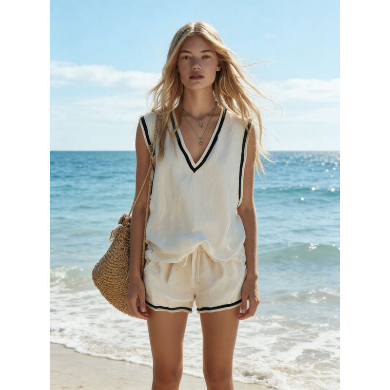 Ensemble deux pièces gilet col V et short femme