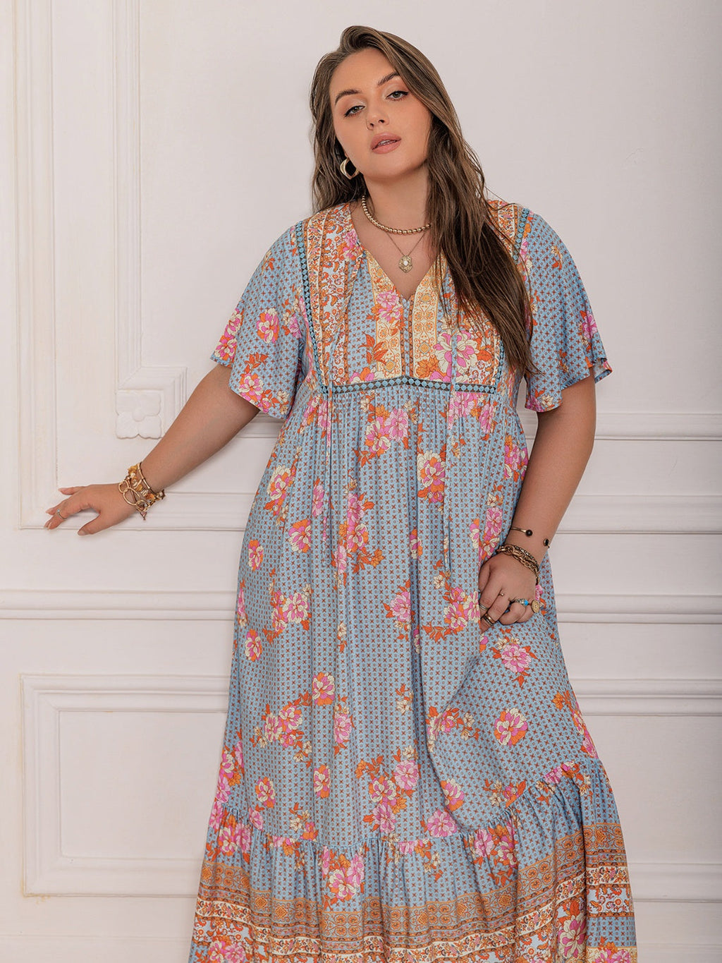 Robe longue à manches flottantes imprimée rose violet taille plus Élégante et fluide Design unique