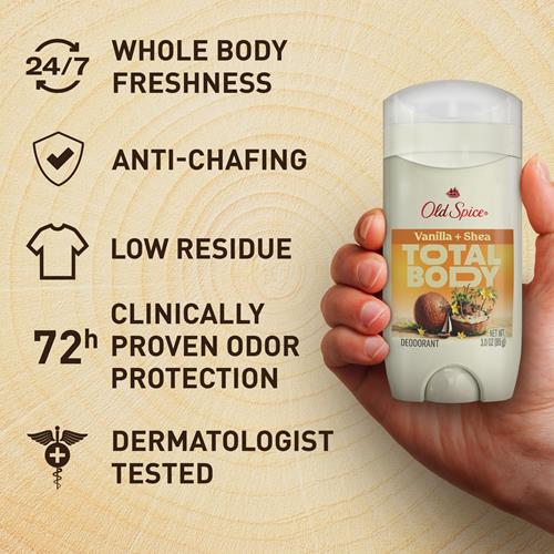 Déodorant Corps Entier en Stick Old Spice pour Hommes, Sans Aluminium, Parfum Vanille + Karité, Protection Anti-Odeurs 24h/24 et 7j/7, Fraîcheur Durable 24h/24 et 7j/7, Testé Dermatologiquement, Doux pour la Peau, Sûr à Utiliser sur Tout le Corps, 85 g