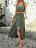 Robe midi sans manches boutonnée décorative Robe longue élégante et intemporelle et confortable