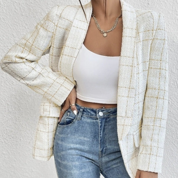 Veste de costume élégante en lin unie pour femme avec fausses poches