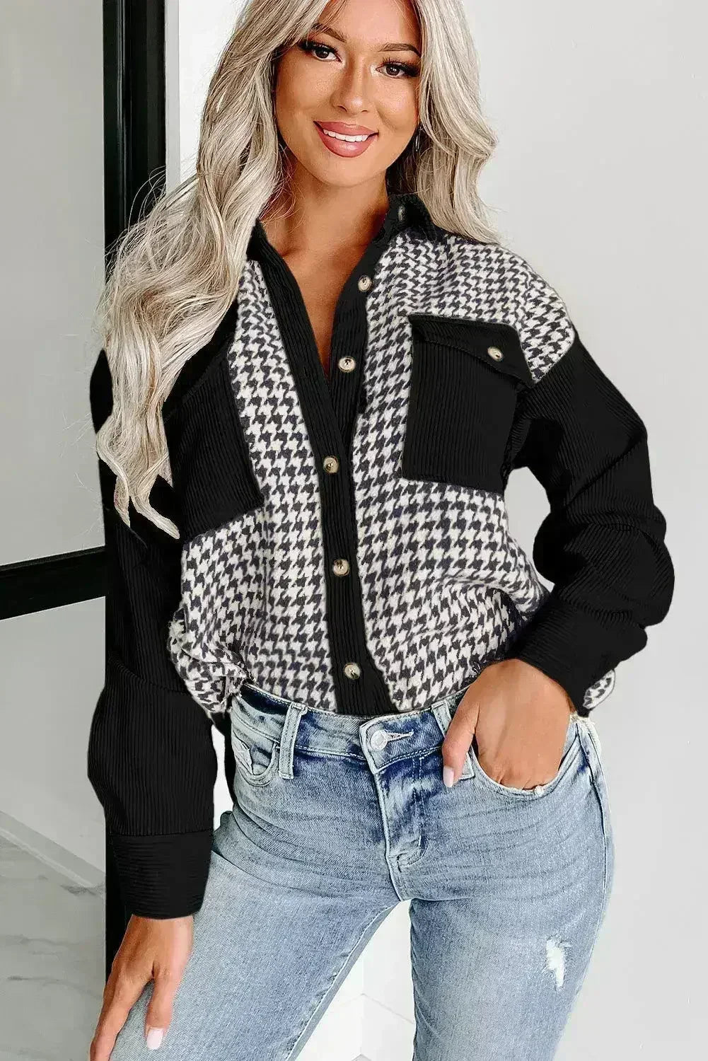 Shacket à carreaux prince-de-Galles en velours côtelé patchwork et poches à rabat
