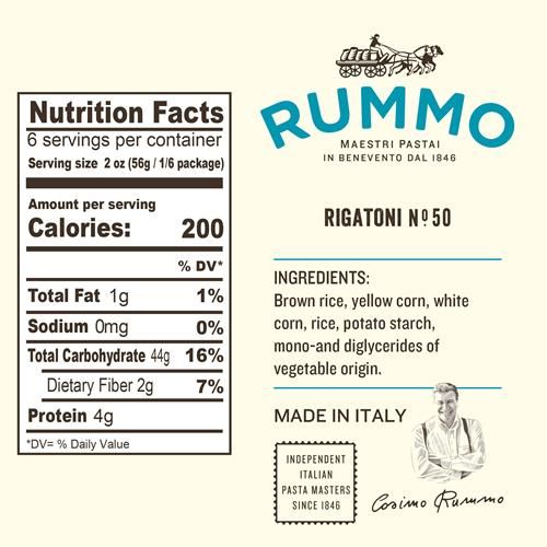 Rummo Gluten Free Rigatoni N.50 - Gluten Free Pasta, Made With Corn & Rice, Rigatoni Pasta Noodles, Pasta From Italy - 12 Ounce (Pack Of 1)