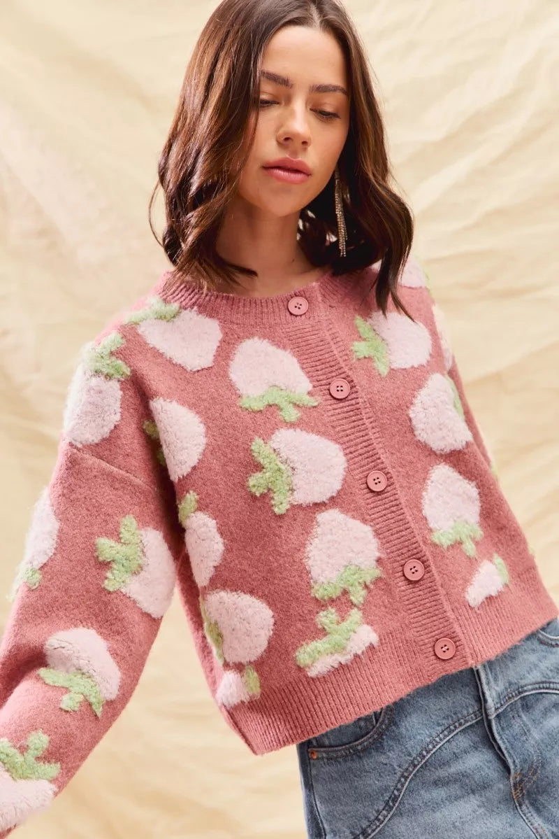 SO ME Cardigan en maille boutonnée à motif de fraises