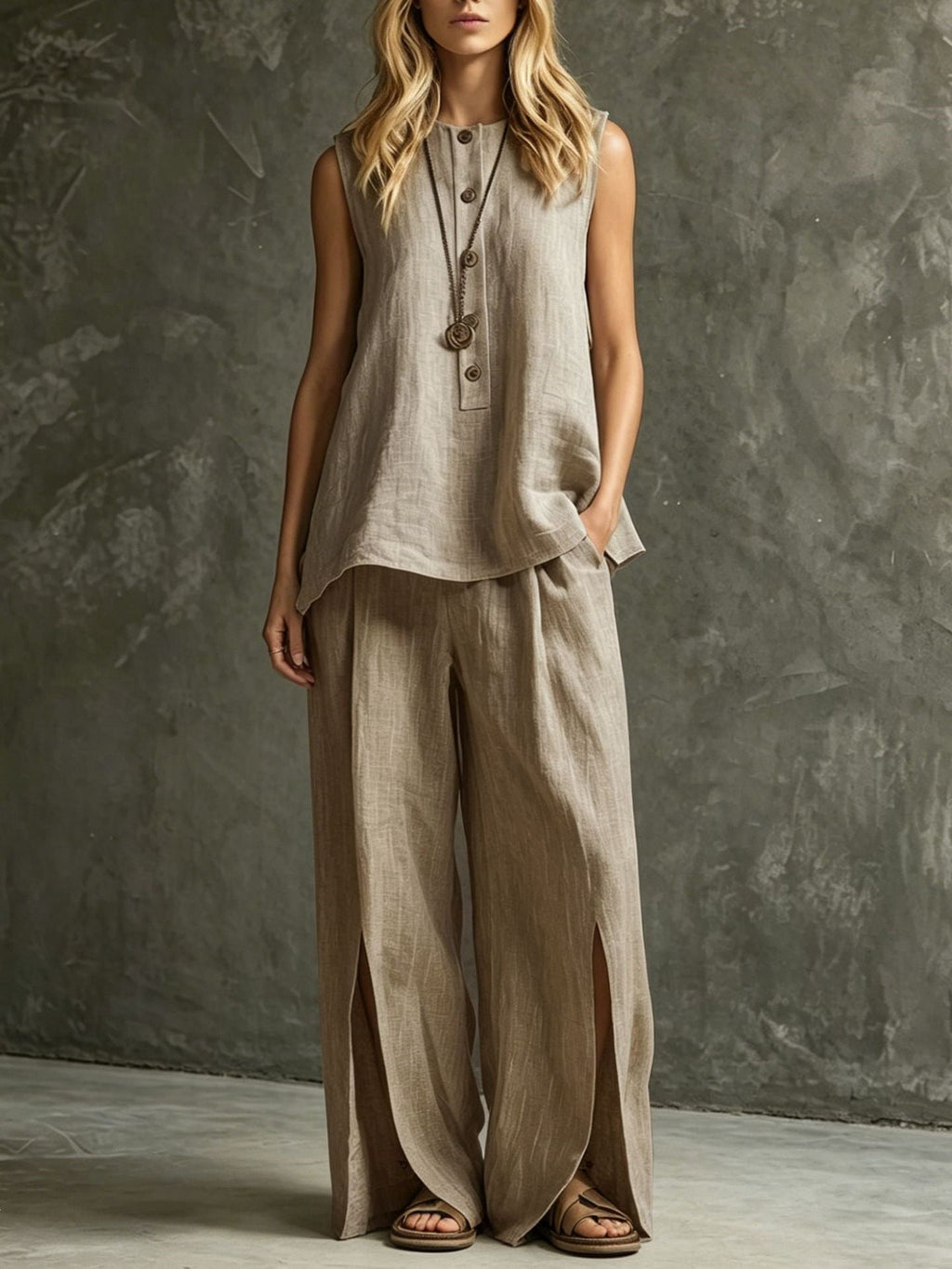 Ensemble deux pièces débardeur sans manches ample et pantalon large fendu pour femme