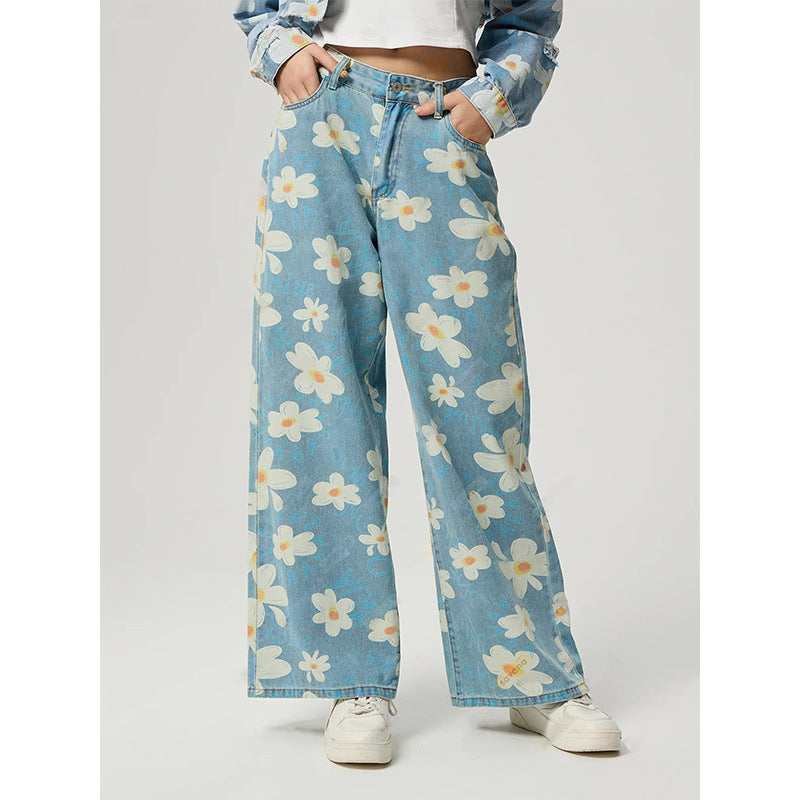 Jean droit vintage à imprimé floral pour femme