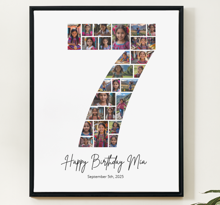Modèle Canva de collage de photos pour le 7e anniversaire – Affiche personnalisable des étapes importantes