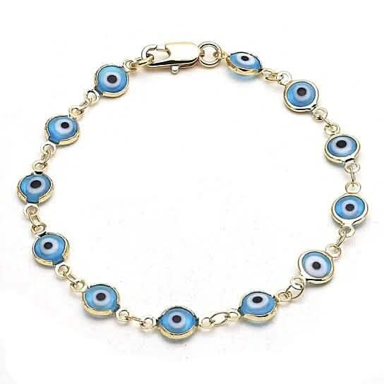 Bracelet œil porte-bonheur bleu clair, plaqué or, 8 po