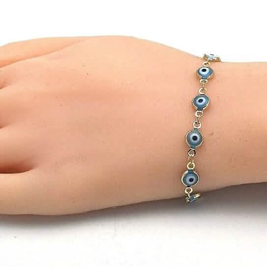 Bracelet œil porte-bonheur bleu clair, plaqué or, 8 po