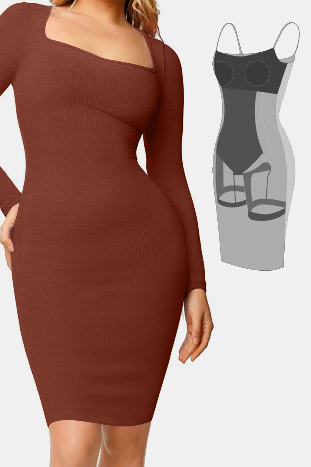 Robe élégante noire à col carré et manches longues avec gaine intégrée pour femme